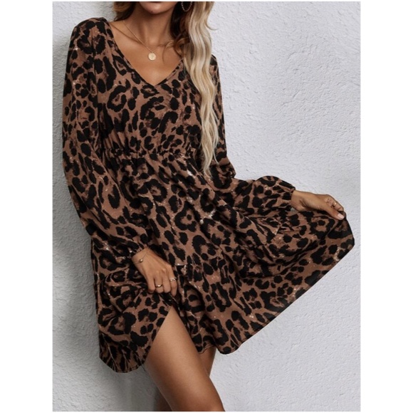 Bellanblue Dresses & Skirts - Camel Leopard Print Mini Dress Ruffle Chic